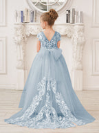 A-line Lace Tulle Sweep Train Pink Flower Girl Dress