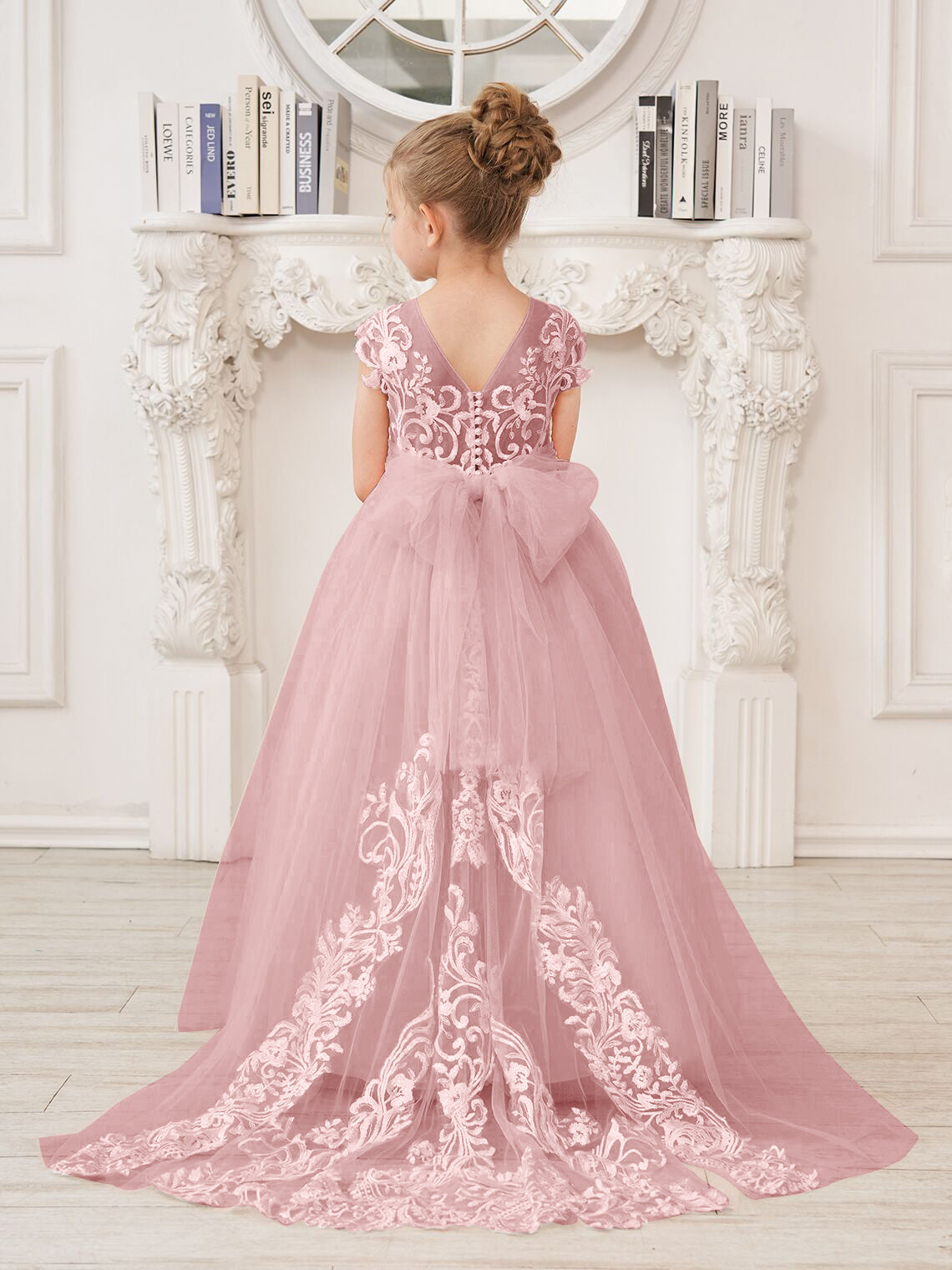 A-line Lace Tulle Sweep Train Pink Flower Girl Dress
