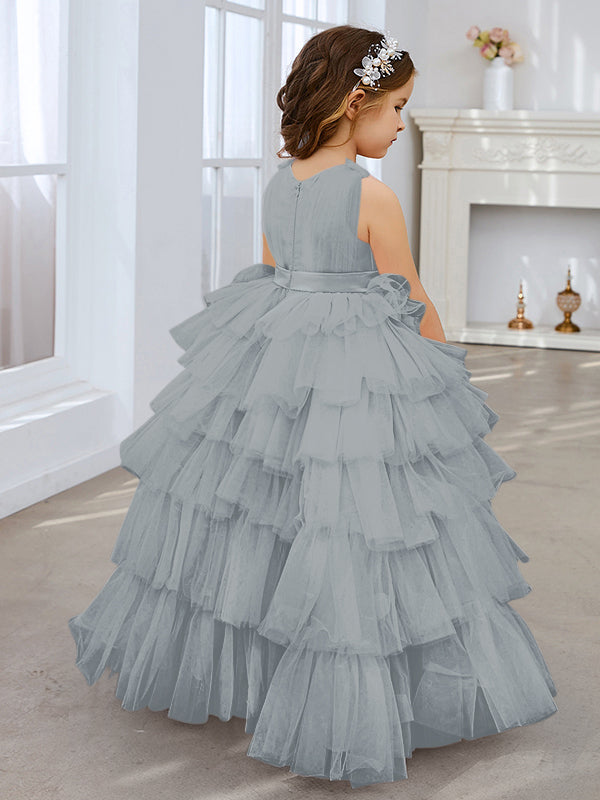 Ball-Gown/Princess Pearl Pink Sleeveless Tulle Bow Flower Girl Dress (010220814)