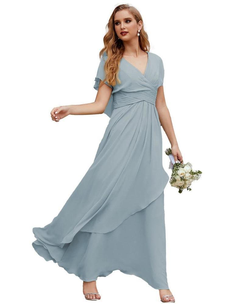 Numbersea Chiffon Bridesmaid Dresses Long Formal Evening Prom Mother of The Bride Dress with Flutter Sleeve     SEA28040