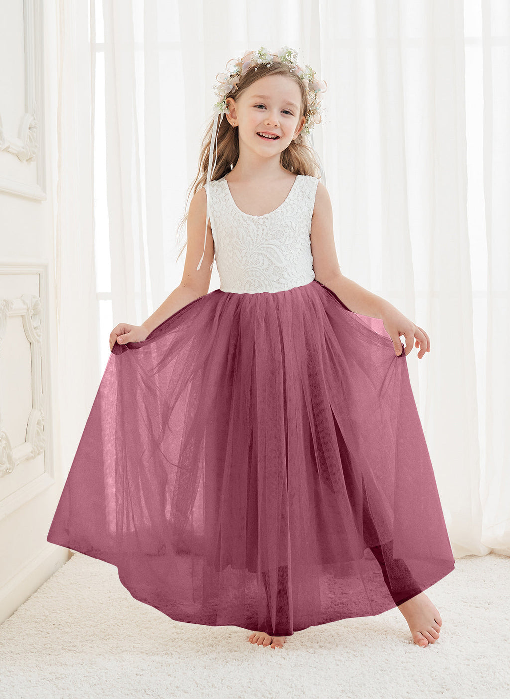 A-line Lace Tulle Ankle-length White Dress (2003227597)