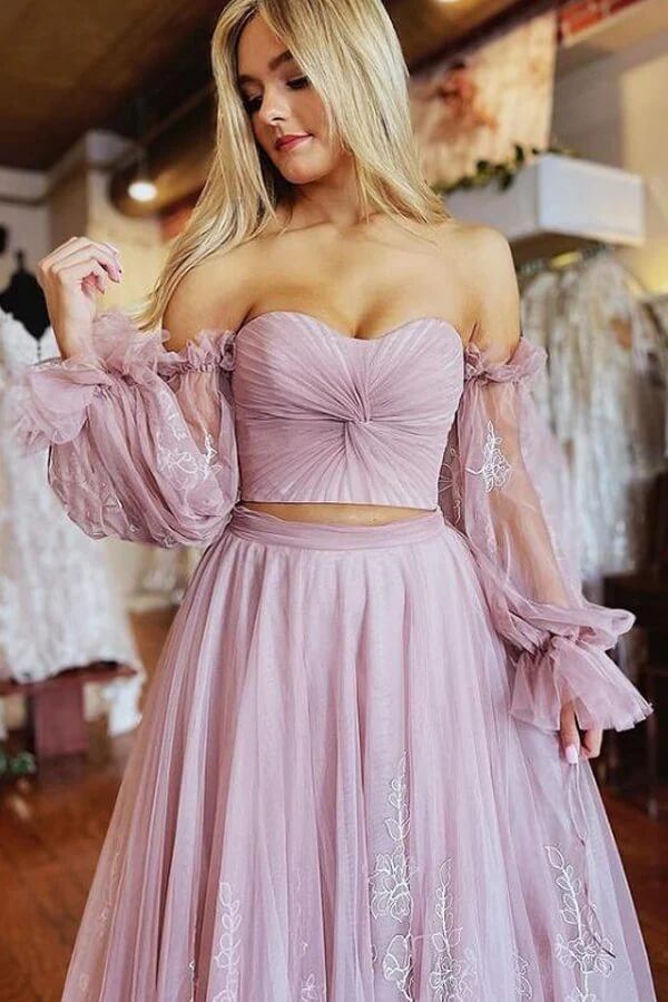 A-line Two Pieces Lace Appliques Prom Dresses With Sleeves
