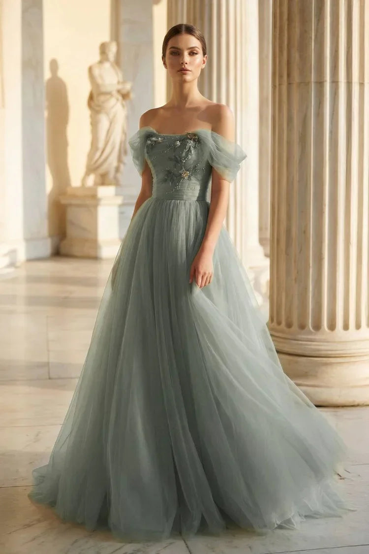 Dusty Sage Off Shoulder 3D Floral Tulle Ball Gown Prom Dresses