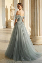 Dusty Sage Off Shoulder 3D Floral Tulle Ball Gown Prom Dresses