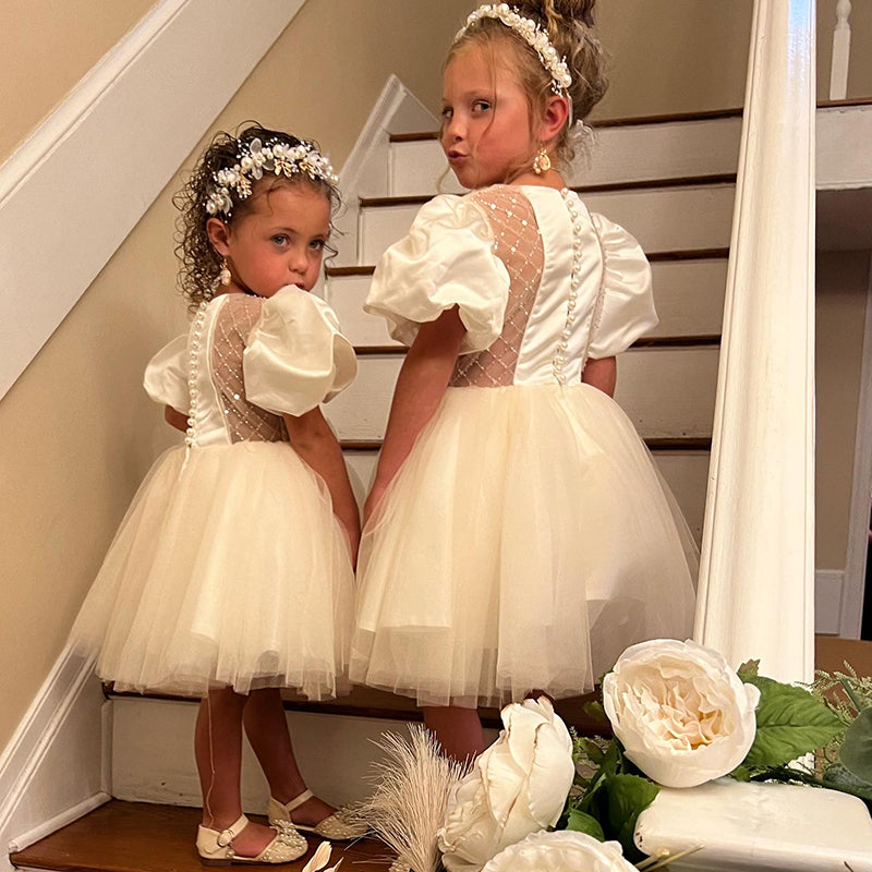 Toddler Ball Gowns Girl Puff Sleeves Bow Pageant Communion Formal Princess Dress