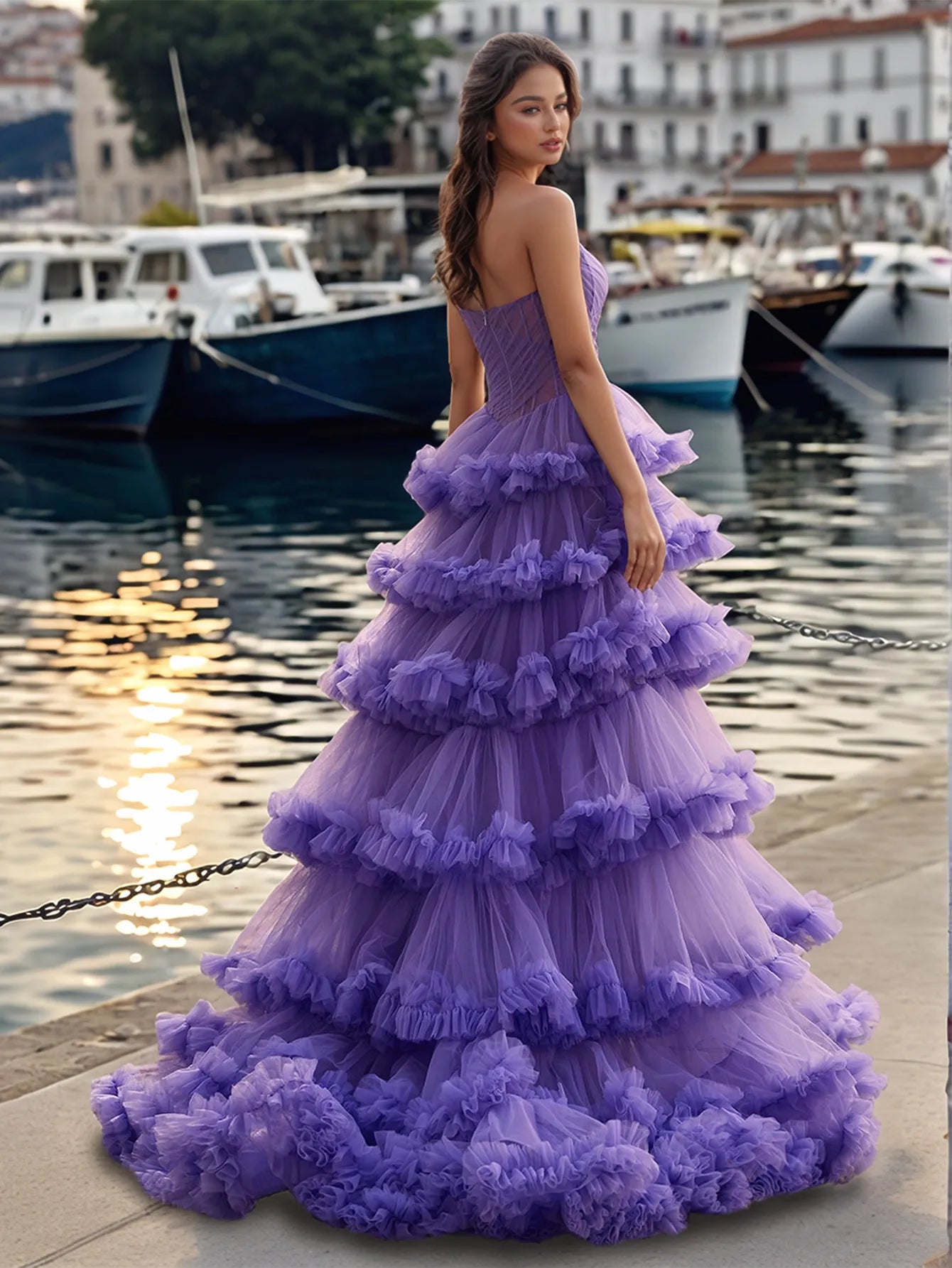Pleated Sheer Corset Top Strapless Tiered Layered Ball Gown Prom Dress