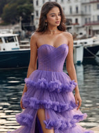 Pleated Sheer Corset Top Strapless Tiered Layered Ball Gown Prom Dress