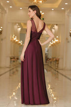 Elegant Chiffon Sleevless Evening Dress Scoop Neck Lace Apliques Bridesmaid Dress