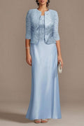 Elegant Long Blue Lace Satin Mother of the Bride Dresses with Jacket