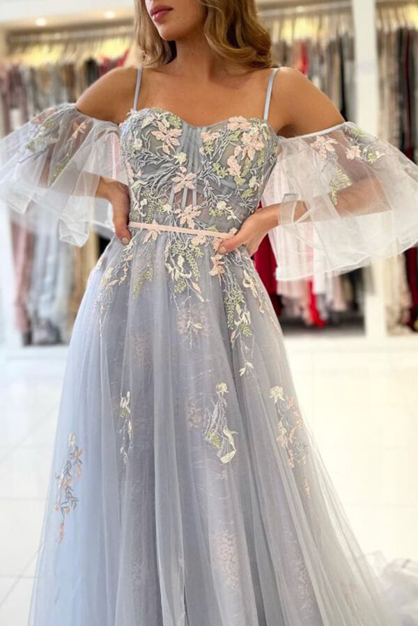 Tulle A-line Off Shoulder Floral Prom Dresses Evening Gown