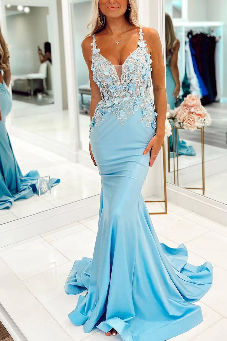 Elegant Mermaid V-Neck Sleeveless Lace-Back Train Prom Dress