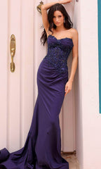Elegant Plum Strapless Mermaid Gown with Beaded Lace Bodice: Prom Dress