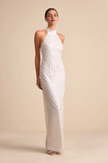 Elegant Halter Neck Maxi Dress with Geometric Sequin Embellishments and High Side Slit, Prom Dress