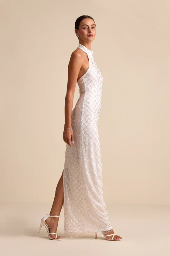 Elegant Halter Neck Maxi Dress with Geometric Sequin Embellishments and High Side Slit, Prom Dress