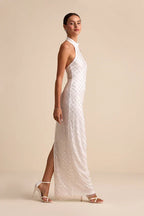 Elegant Halter Neck Maxi Dress with Geometric Sequin Embellishments and High Side Slit, Prom Dress