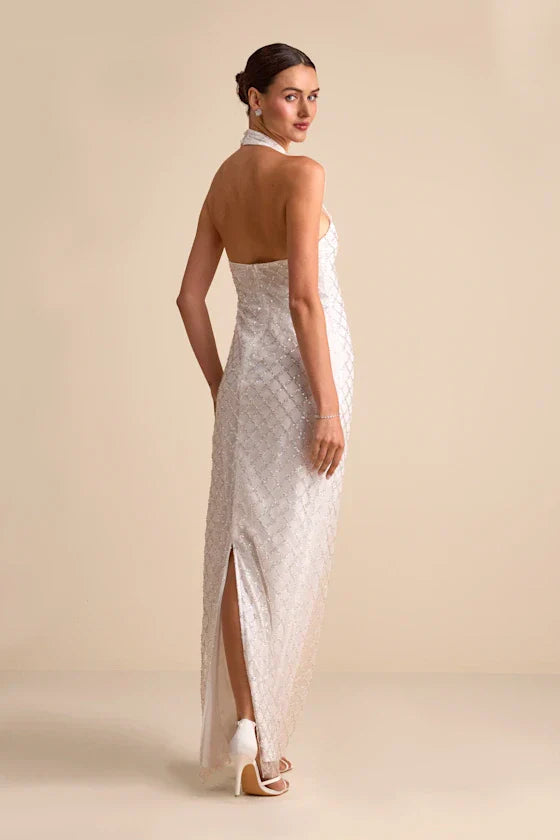 Elegant Halter Neck Maxi Dress with Geometric Sequin Embellishments and High Side Slit, Prom Dress