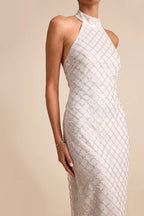 Elegant Halter Neck Maxi Dress with Geometric Sequin Embellishments and High Side Slit, Prom Dress