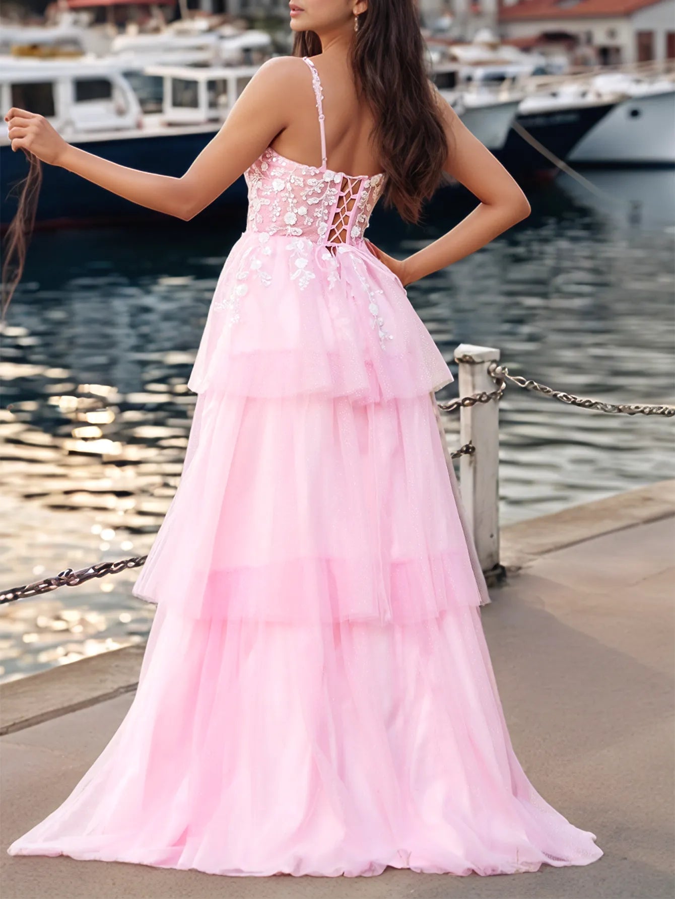 Flower Appliqued Corset Sparkly Lace Ruffle Tiered Prom Dress