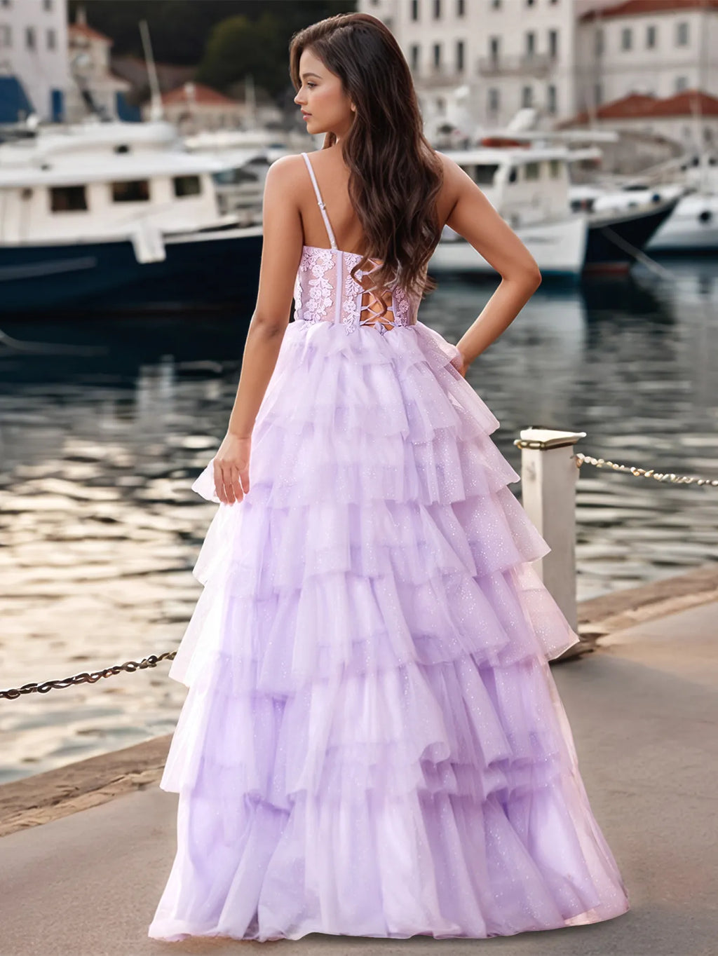 Flower Appliqued Corset Sparkly Lace Ruffle Tiered Prom Dress