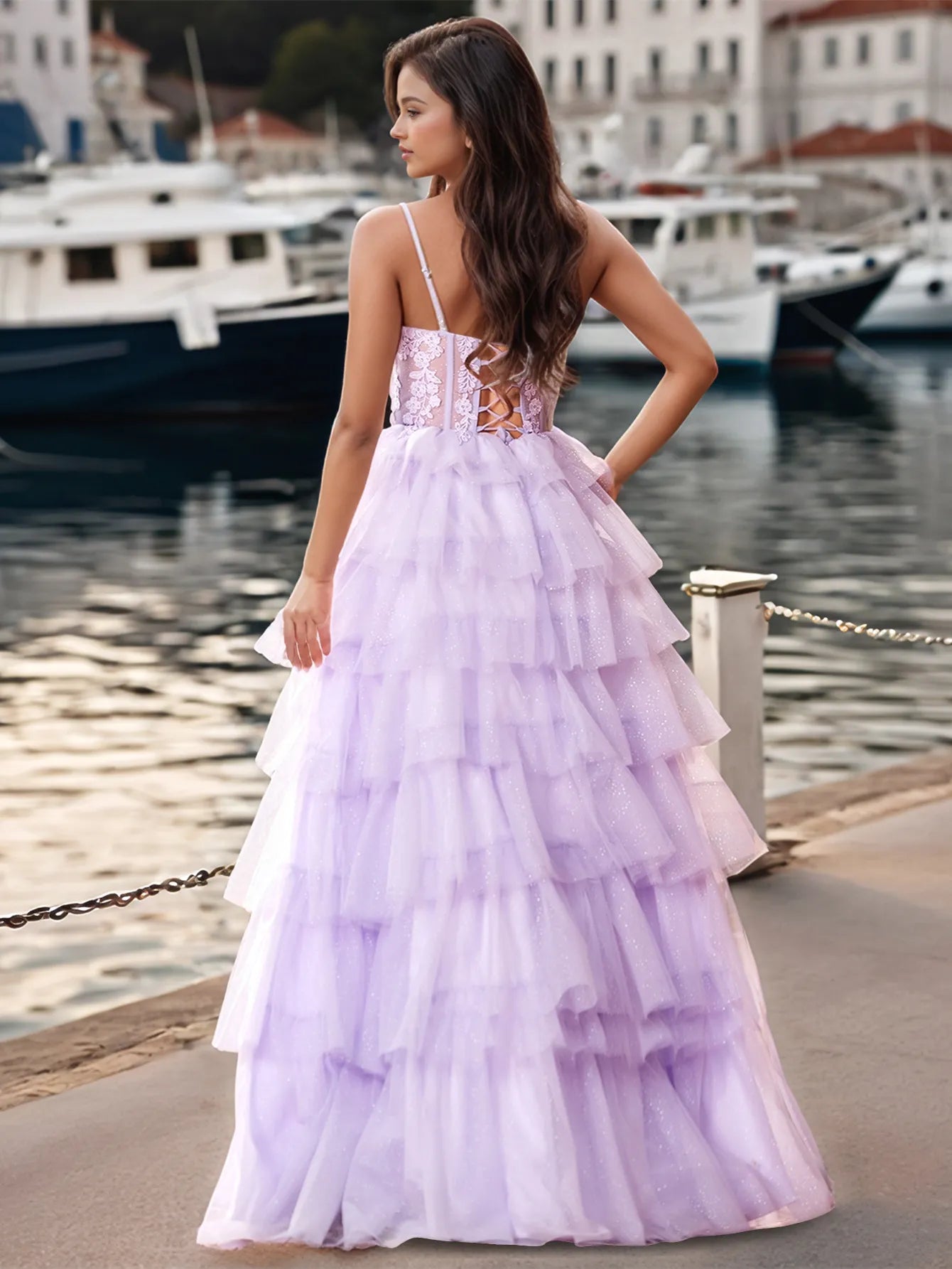 Flower Appliqued Corset Sparkly Lace Ruffle Tiered Prom Dress