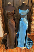 Strapless Pleated Boning Sheer Long Prom Dress with Slit
