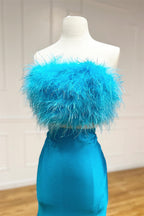 Jade Two-Piece Feathers Strapless Satin Long Prom Dress with Slit
