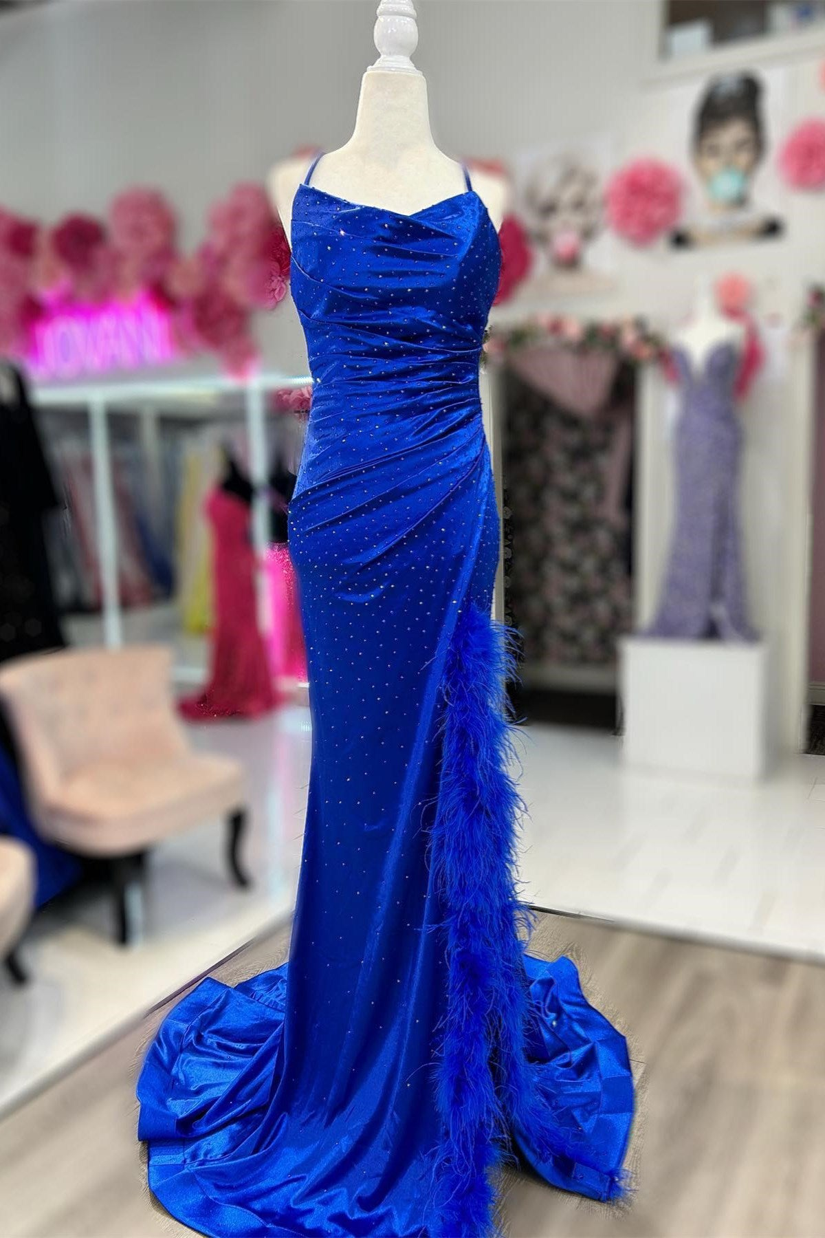 Cowl Neck Rhinestones Long Prom Dress with Feather-Trimmed Slit