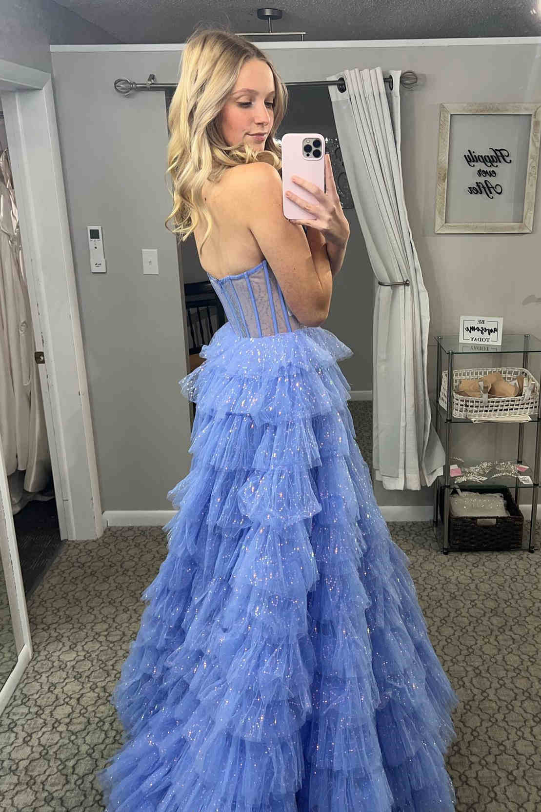 A Line Strapless Corset Glitter Tulle Prom Dress with Ruffles