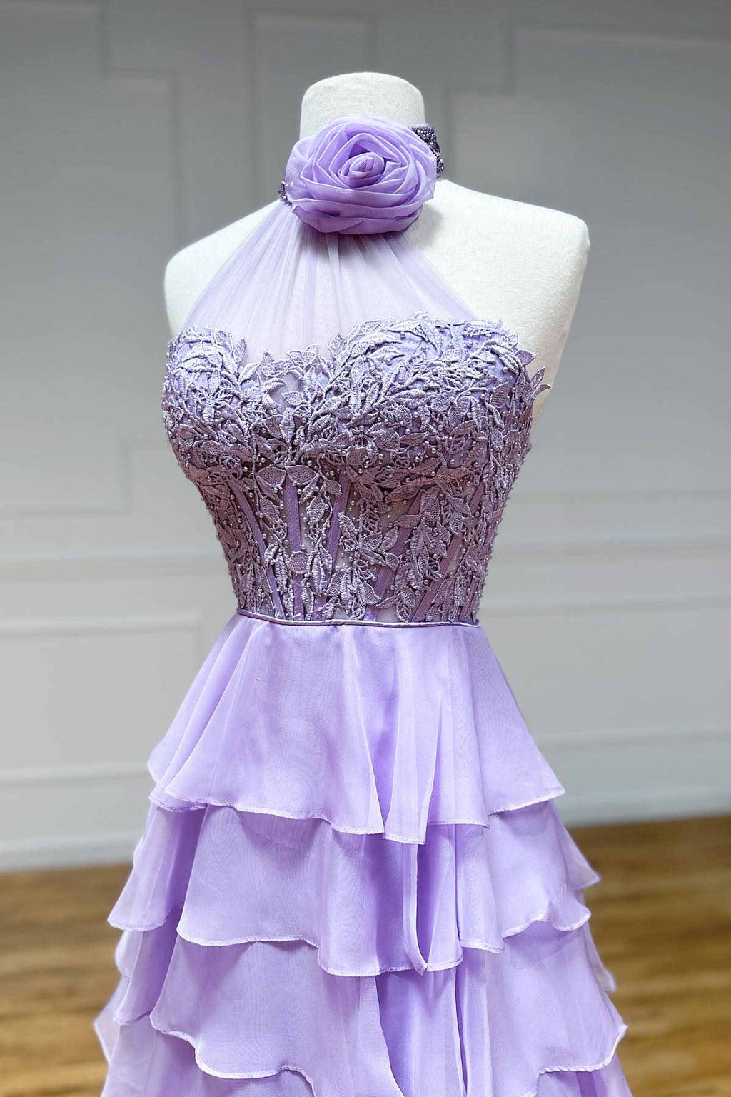 A line High Neck Tiered Chiffon Prom Dress with 3D Flower