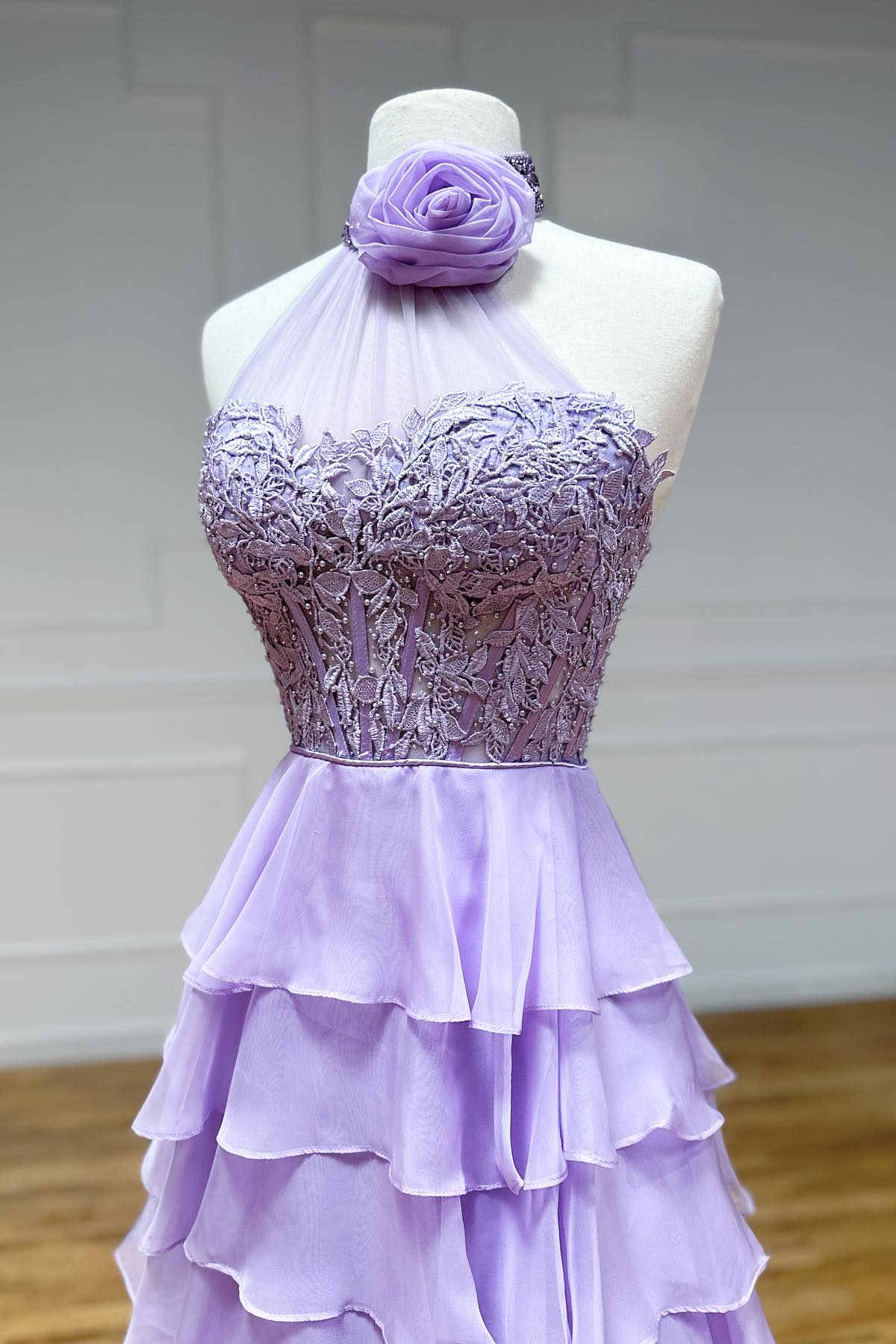A line High Neck Tiered Chiffon Prom Dress with 3D Flower