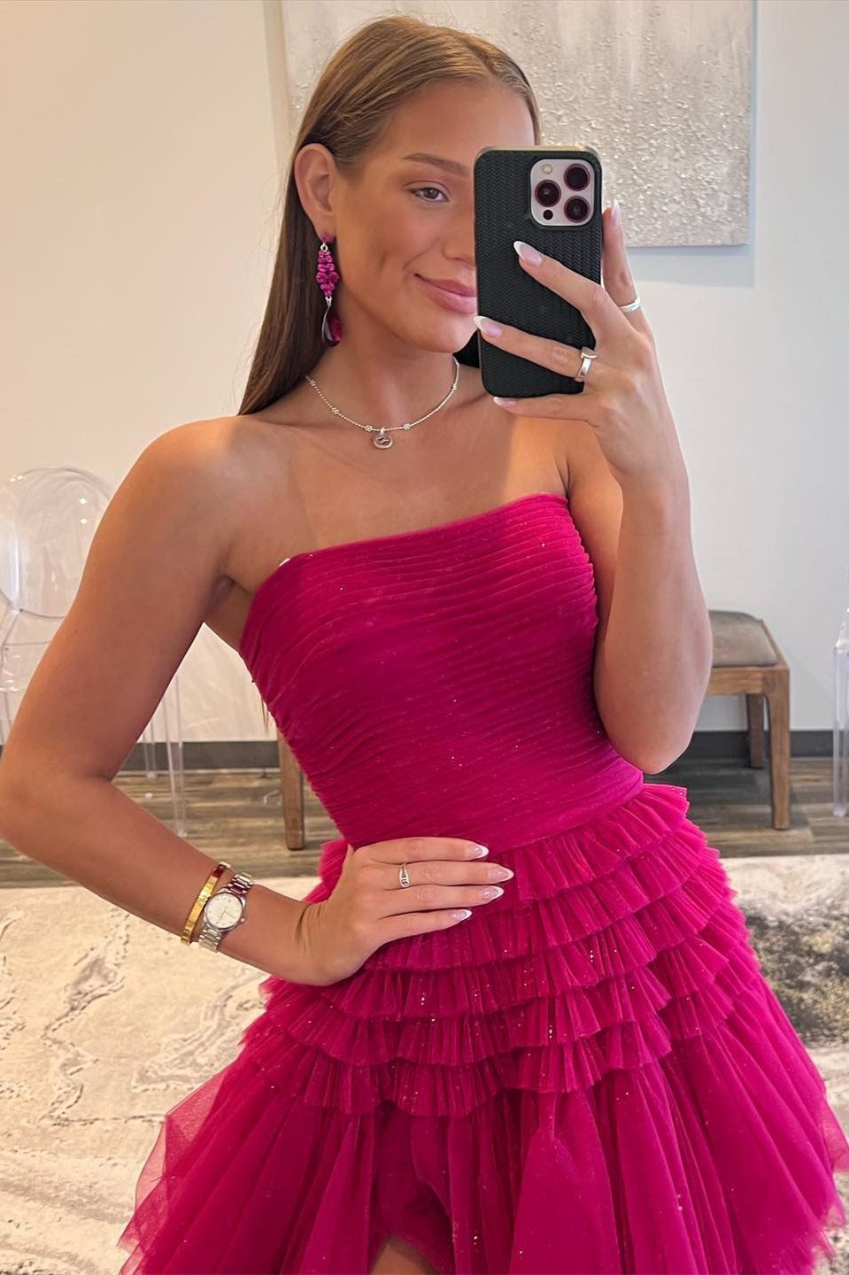 A-Line Strapless Tulle Long Prom Dress with Tiered Ruffles