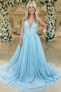 A line Plunging V Neck Sequins Prom Dress