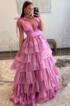 RGlitter Tie Straps Pink Plunging Neck Tiered Long Prom Dress