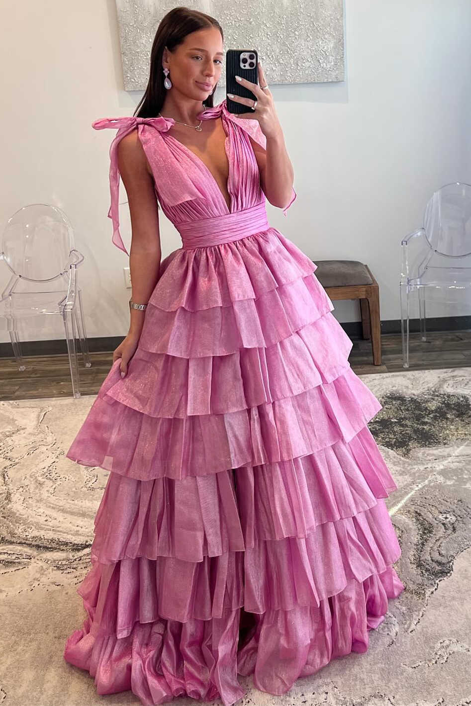 RGlitter Tie Straps Pink Plunging Neck Tiered Long Prom Dress