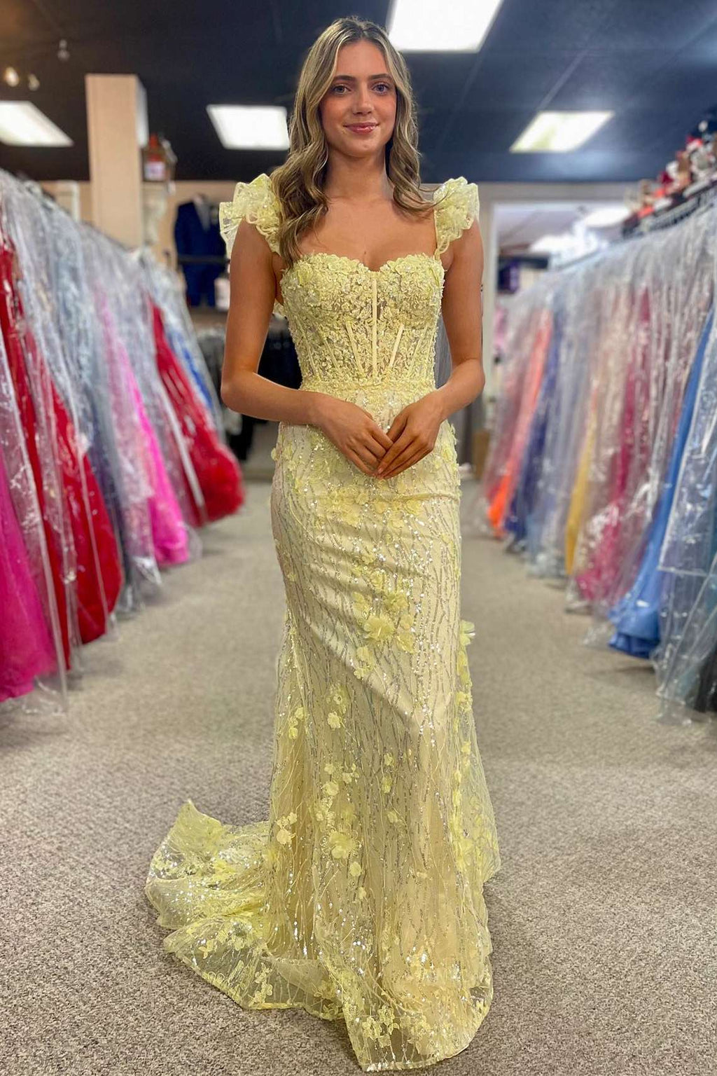 Ruffle Straps 3D Flower Mermaid Long Prom Dress