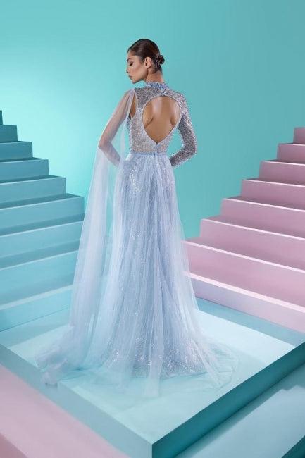 Fabulous Long A-line High Neck Long Sleeve Beading Prom Dress With Slit