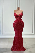 Fabulous Long Red V-neck Sequined Sleeveless Mermaid Prom Dress
