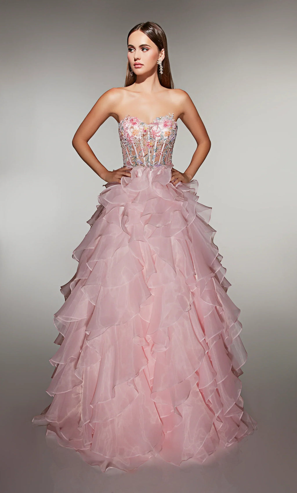 Fairy-Tale Blush Strapless Ball Gown with Floral Embellished Corset and Ruffled Organza Skirt: Prom Dress