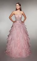 Fairy-Tale Blush Strapless Ball Gown with Floral Embellished Corset and Ruffled Organza Skirt: Prom Dress