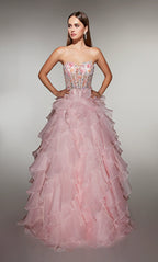 Fairy-Tale Blush Strapless Ball Gown with Floral Embellished Corset and Ruffled Organza Skirt: Prom Dress