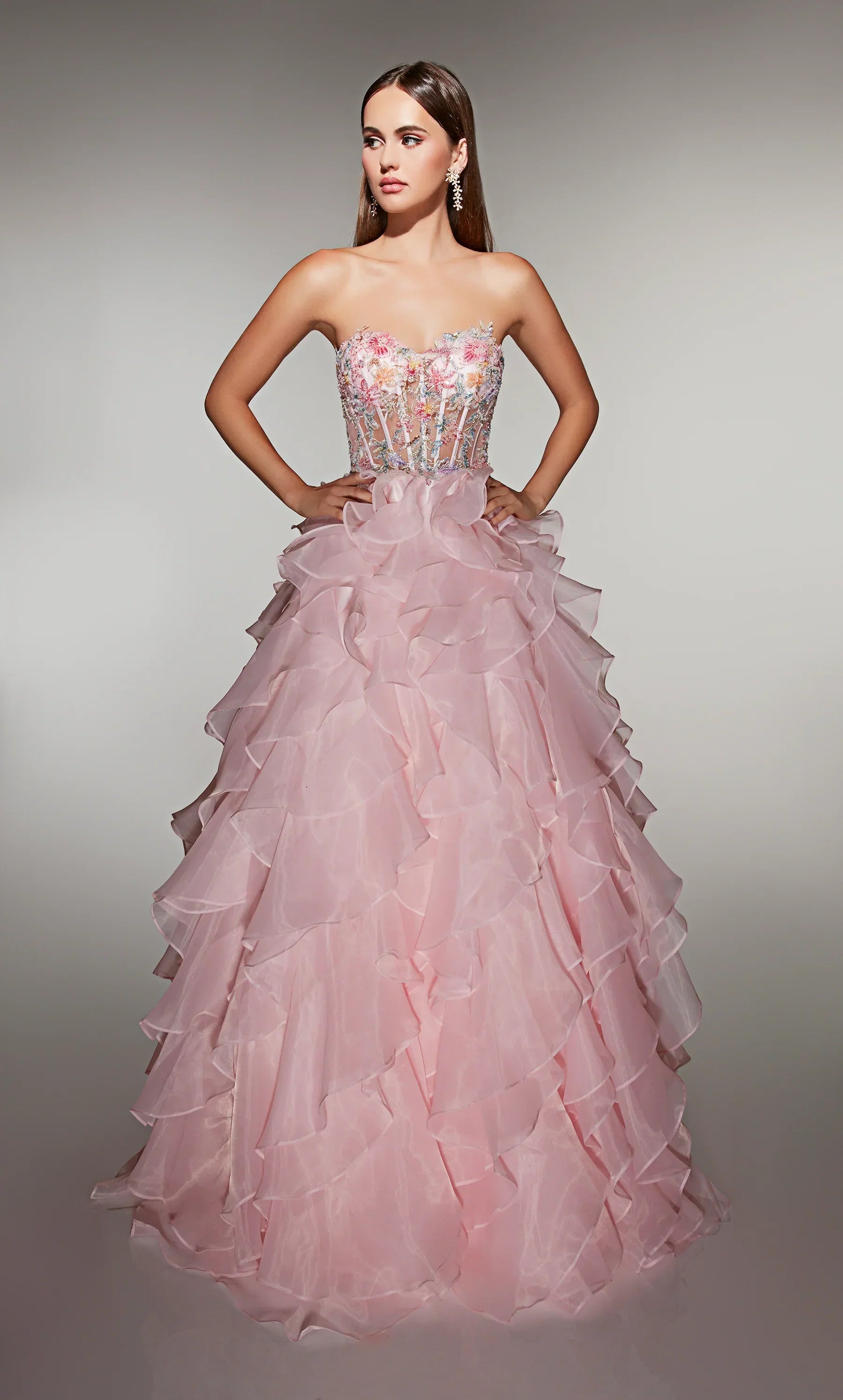 Fairy-Tale Blush Strapless Ball Gown with Floral Embellished Corset and Ruffled Organza Skirt: Prom Dress