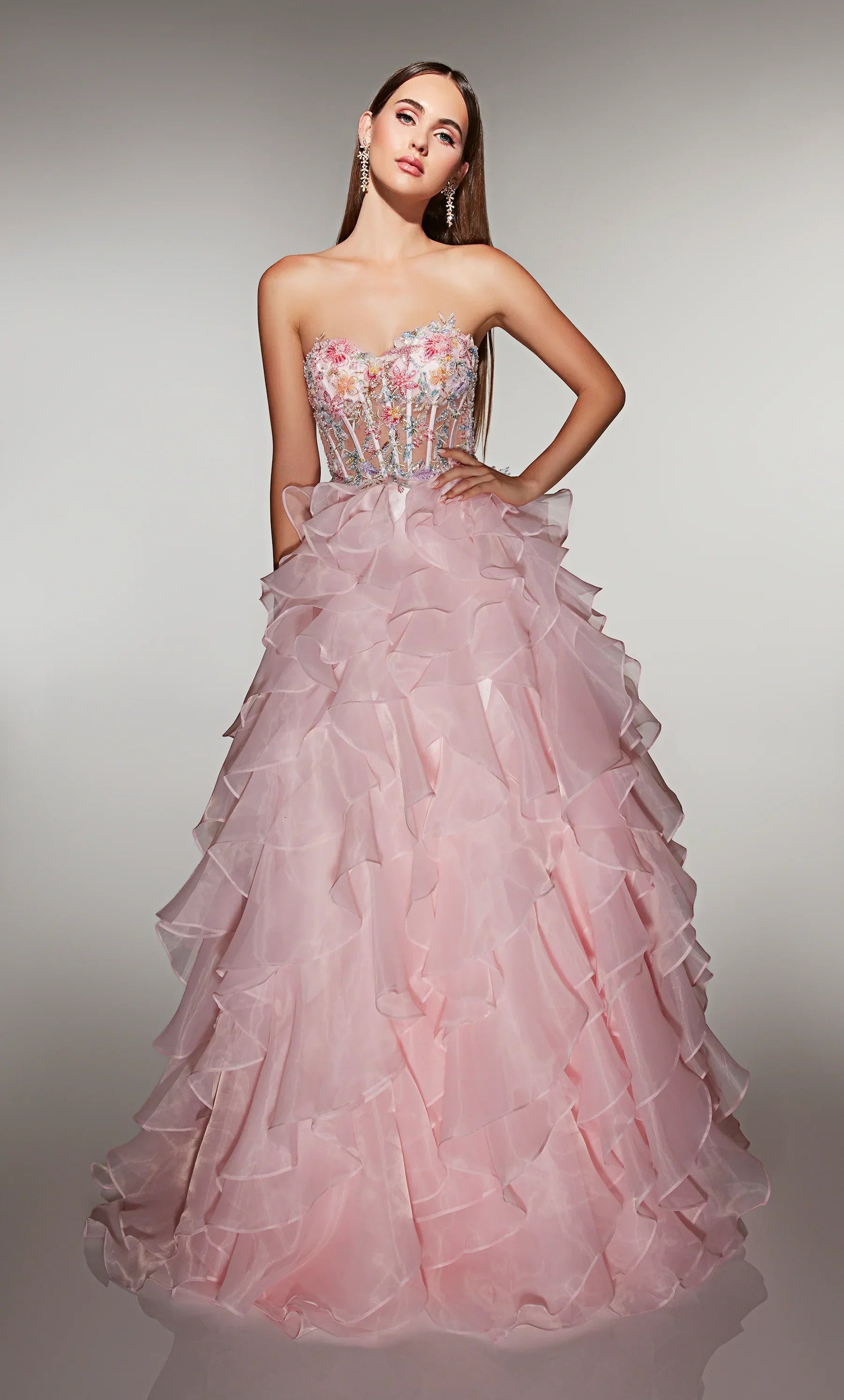 Fairy-Tale Blush Strapless Ball Gown with Floral Embellished Corset and Ruffled Organza Skirt: Prom Dress