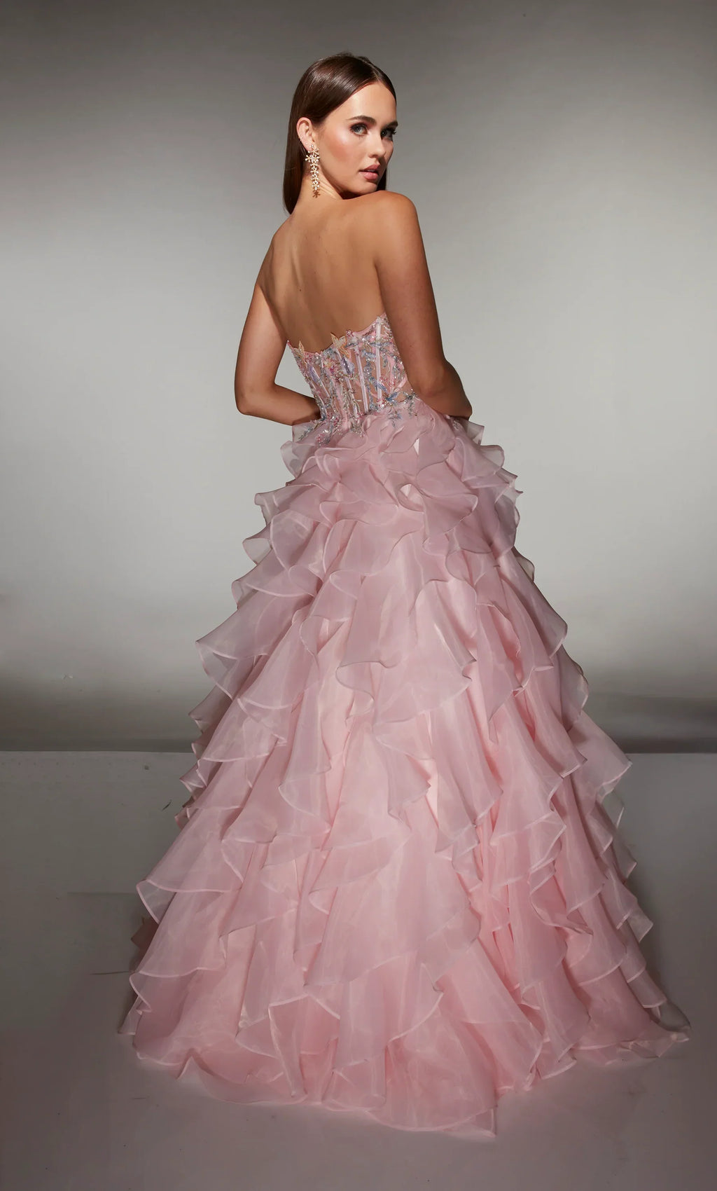 Fairy-Tale Blush Strapless Ball Gown with Floral Embellished Corset and Ruffled Organza Skirt: Prom Dress