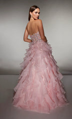 Fairy-Tale Blush Strapless Ball Gown with Floral Embellished Corset and Ruffled Organza Skirt: Prom Dress