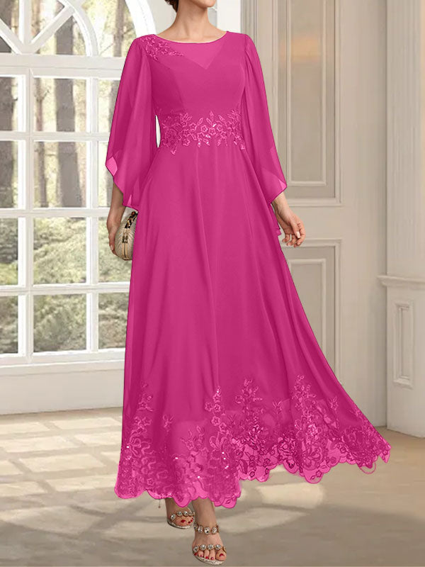 A-line Scoop Illusion Ankle-Length Lace Chiffon Mother of the Bride Dress With Sequins