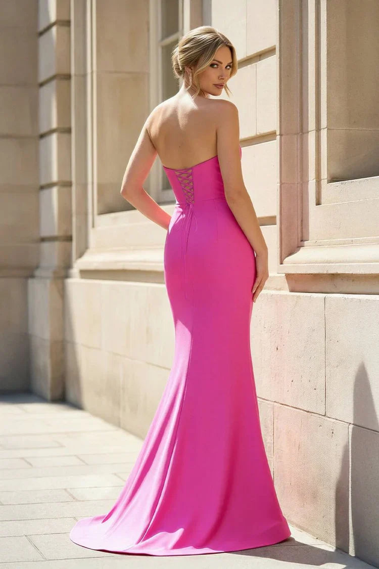 Fuchsia Satin Beaded Neck Lace Up Back Mermaid Prom Dresses