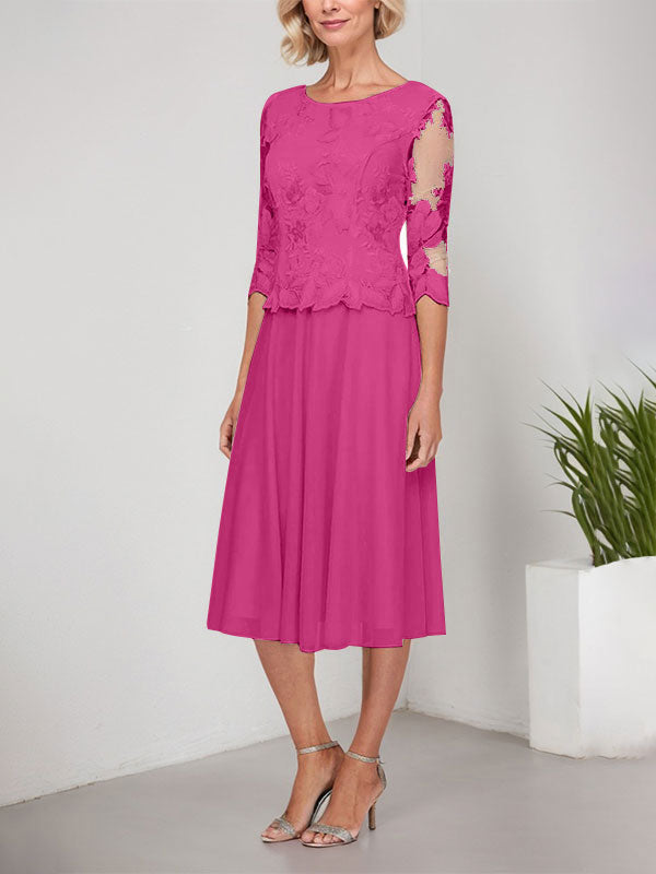 A-line Scoop Tea-Length Lace Chiffon Mother of the Bride Dress With Embroidery