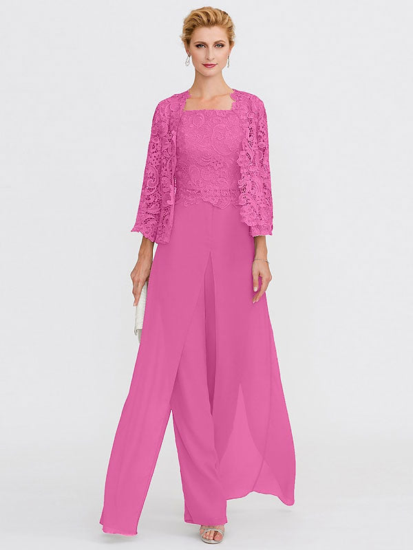 3 Piece Chiffon Square Neck Mother of the Bride Pantsuits with Jacket
