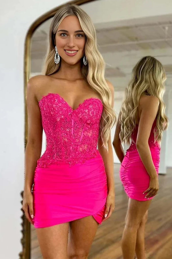 Fuchsia Beaded Lace Appliques Tight Homecoming Dress