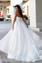 Glamorous Off-Shoulder Sweetheart Pearls Modest Wedding Dress